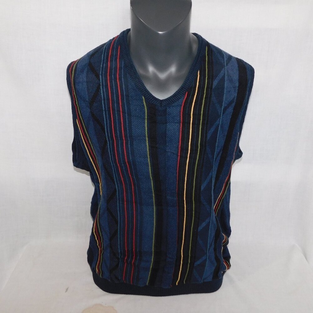 VTG Tosani  Textured Knit Sweater Vest Blue Multicolor Coogi Style Canada Mens L